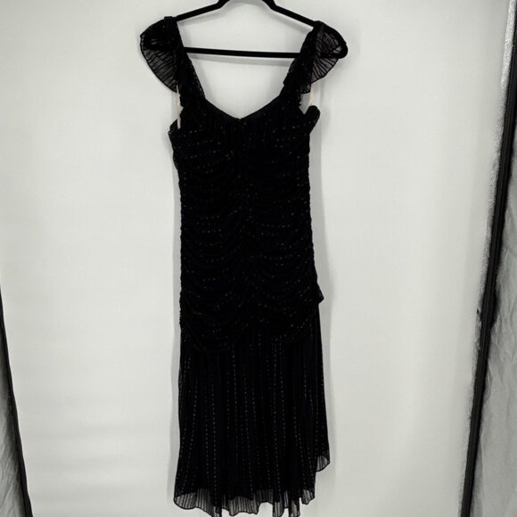 BCBGeneration Size 10 Black Silver Metallic Sleeveless Midi Dress Ruched Stretch - Picture 8 of 10